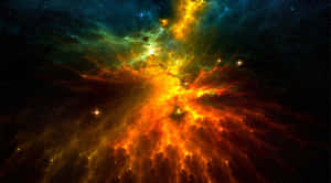 一個色彩繽紛的宇宙星雲，橙色和藍綠色的雲朵在佈滿星辰的黑色天空中發光。 — 星雲 壁紙