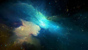 充滿活力的宇宙星雲，帶有在星群中發光的青綠色和金色雲彩。 — 星雲 壁紙