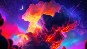 一個色彩繽紛的宇宙星雲，在太空中發光，伴隨著彎月和流星。 — 唯美雲朵動態 壁紙