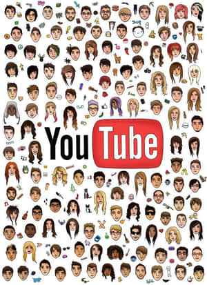 YouTube標誌被許多代表其全球社群的卡通面孔所包圍。 — 我的世界 壁紙