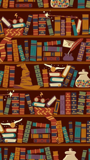 插圖書架，帶有巫師物品和發光的魔法效果。 — 霍格華茲 GIF 壁紙
