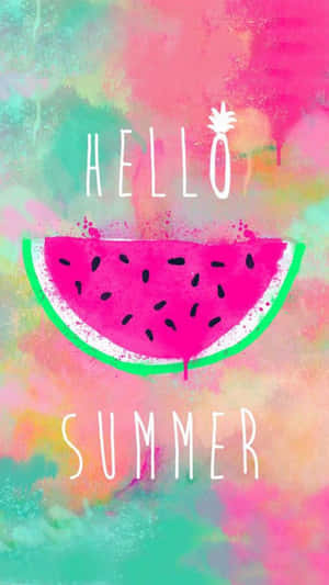 Hello summer 文字搭配粉紅色西瓜片，置於色彩繽紛的水彩背景上。 — 可愛少女風gif 壁紙