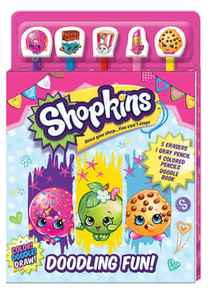 Shopkins塗鴉套裝盒，帶有三個卡通食物角色和美術用品。 — 甜品 壁紙