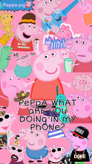 Peppa Pig 角色在混亂的粉紅色拼貼畫中，帶有幽默的文字疊加。 — 可愛卡通 壁紙