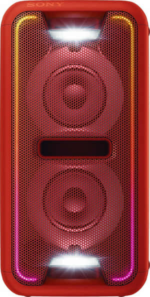 紅色Sony便攜式揚聲器，帶有發光燈和揚聲器格柵。 — 18:9 壁紙