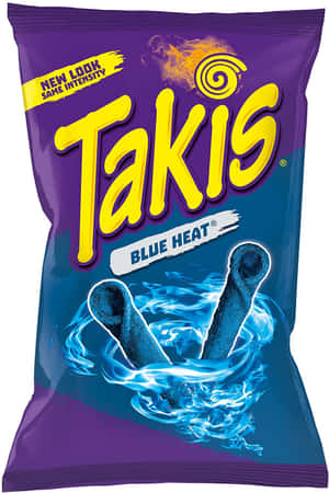 Takis Blue Heat零食袋，藍色薯片在冰水中，帶有火熱標誌。 — 2:3 壁紙
