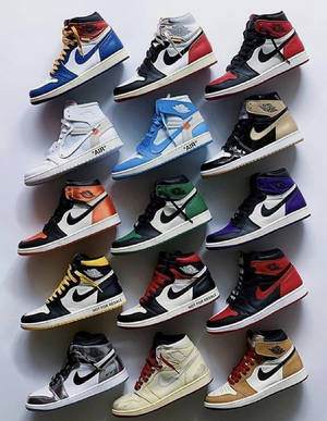 以網格圖案排列的彩色Air Jordan 1運動鞋系列。 — Jordan 標誌 GIF 壁紙
