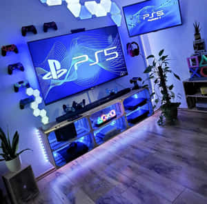 帶有藍色LED燈光和PlayStation 5設置的遊戲室。