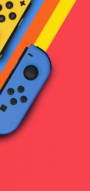 藍黃色Nintendo Switch控制器在彩色條紋背景上。 — iPhone 11 壁紙
