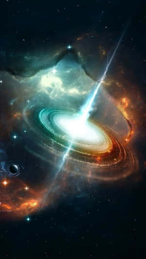 一個發光的螺旋星系穿過色彩繽紛的宇宙雲，射出一道明亮的光束。 — 星雲 壁紙