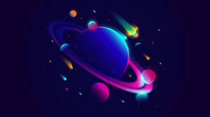 深空中帶有發光環和流星的霓虹星球。 — 太空 壁紙