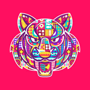 一幅色彩繽紛的幾何老虎插圖，在粉紅色背景上展現兇猛表情。 — iPad Pro 11 壁紙