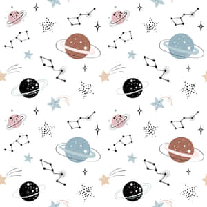 一個重複的圖案，包含卡通風格的行星、星星和星座，色彩柔和。 — 夜空 壁紙