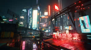 未來主義的城市夜景，帶有霓虹燈和雨濕的街道。 — 科幻 壁紙