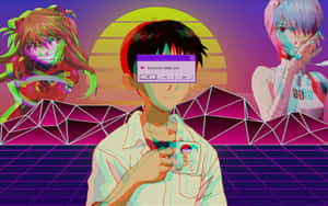 動漫角色在霓虹賽博龐克場景中，帶有彈出訊息。 — 聖經天使 壁紙