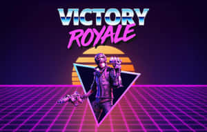 賽博龐克士兵在霓虹夕陽下手持槍支，帶有 victory royale 文字。 — 要塞英雄 大逃殺 壁紙
