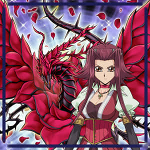 紫髮動漫女孩同紅龍，被飄落嘅玫瑰花瓣同閃光包圍。