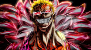 動漫角色擁有發光嘅紅色眼睛同火焰翅膀，散發出力量。 — Dorohedoro 壁紙