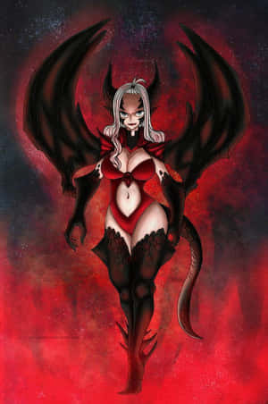動畫女惡魔有翅膀同尾巴，喺紅色宇宙背景前面。 — 妖精尾巴 壁紙