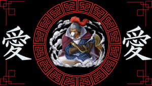 一個動畫老虎戰士身穿盔甲，被雲朵同紅色幾何圖案同漢字包圍。 — 伊之助 GIF 壁紙
