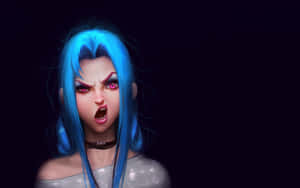 憤怒的動漫女孩，藍色頭髮和粉紅色眼睛，在黑暗中咆哮。 — Jinx 魔法禁書 壁紙