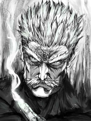 一個強烈的動漫戰士，有著尖刺頭髮，在單色素描中抽煙。 — Kindle Paperwhite 壁紙