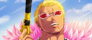 金髮紅太陽眼鏡的動漫戰士在藍天下握著金色手槍。 — Dorohedoro 壁紙