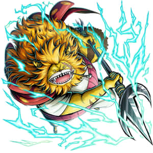獅頭動漫戰士手持三叉戟，被藍色閃電包圍。 — 美景 壁紙
