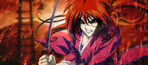 紅發動漫武士戰士在火焰環繞中揮舞劍。 — 武士 壁紙