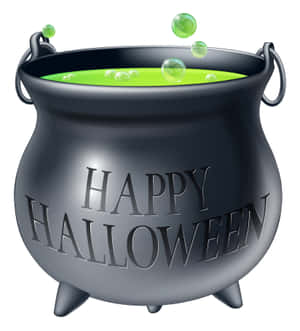 黑色大鍋，帶有綠色冒泡藥水和「Happy Halloween」文字。 — OnePlus Open 壁紙