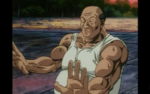 光頭肌肉發達的動漫男人穿著白色背心坐在黃昏的木地板上。 — 獵人 壁紙