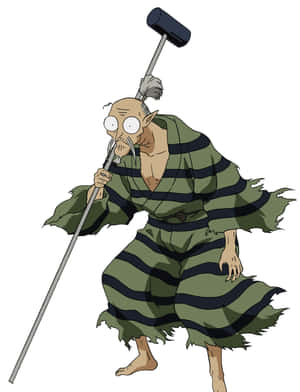 動漫角色穿著破爛的綠色長袍，手持桿子上的大槌。 — 動漫惡魔 壁紙