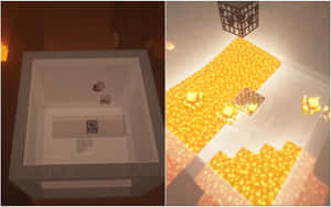 柔和光線下，帶有玻璃牆和發光金色方塊的Minecraft遊戲場景。 — 我的世界 壁紙