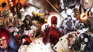 夜魔俠被 Marvel 反派和英雄以漫畫風格包圍。 — 漫威超級英雄 壁紙