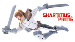 Shartimus Prime 動作人偶以空中戰鬥姿勢手持兩把劍。 — 超級英雄 壁紙