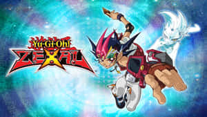 空中決鬥姿勢的動漫角色，帶有發光的藍色數位背景和Yu-Gi-Oh! ZEXAL標誌。 — 寵物小精靈 劍與盾 壁紙