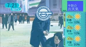 動漫男子在城市街道上，用槍指著另一名男子，並帶有天氣預報疊加。 — 笑緊 壁紙