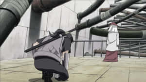 動漫忍者跪著面對戴兜帽的對手，身處充滿管道的工業區域。 — Naruto and hinata GIF 壁紙