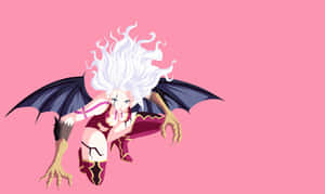 動漫惡魔少女白色頭髮黑色翅膀蹲喺粉紅色背景上 — 妖精尾巴 壁紙