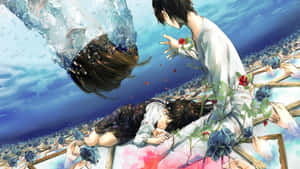 男孩在水下伸手去抓一個在水中墜落的女孩，周圍有漂浮的玫瑰。 — 動漫惡魔 壁紙