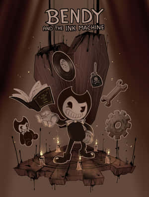 Bendy卡通角色被蠟燭、齒輪和恐怖物品包圍在漂浮平台上。 — iPad 第9代 壁紙