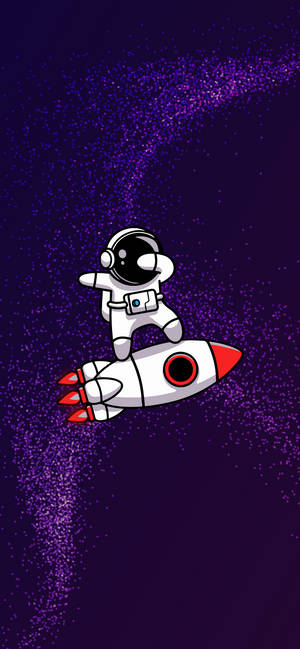 一個卡通太空人乘坐火箭穿過紫色星域。 — 可愛卡通 壁紙