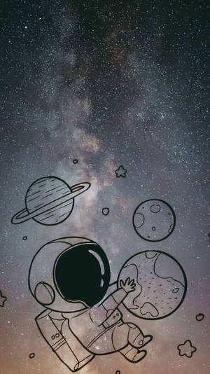 一個卡通太空人在太空漂浮伸手觸及一顆行星。 — 可愛卡通 壁紙