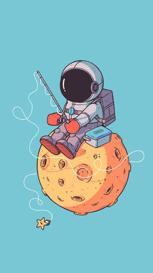 一個卡通太空人從月球上釣魚，魚線垂向一顆星星。 — 可愛卡通 壁紙