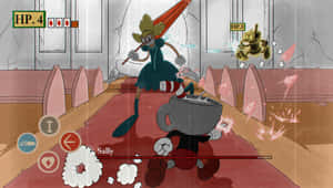 Cuphead在教堂與女巫戰鬥，帶有生命條和遊戲控制。 — 茶杯頭 GIF 壁紙