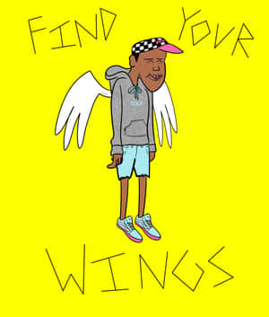 卡通男人，擁有天使翅膀和帽子，站在黃色背景前，上面寫著「Find Your Wings」。 — 簡潔 壁紙
