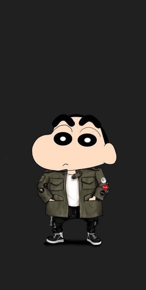 卡通男孩穿著綠色外套，雙手插在口袋裡，站在深色背景前。 — 動畫 iPhone GIF 壁紙