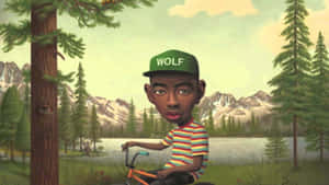 卡通男孩在湖邊騎單車，背景有雪山和松樹。 — Tyler the creator GIF 壁紙