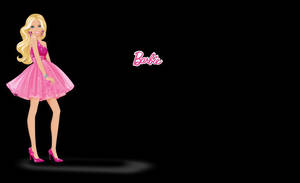 卡通芭比穿著粉紅色連衣裙和高跟鞋，黑色背景上帶有粉紅色標誌。 — 芭比 壁紙