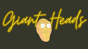 一個卡通薯仔臉，有大眼睛，在發光黃色字體「Giant Heads」下方。